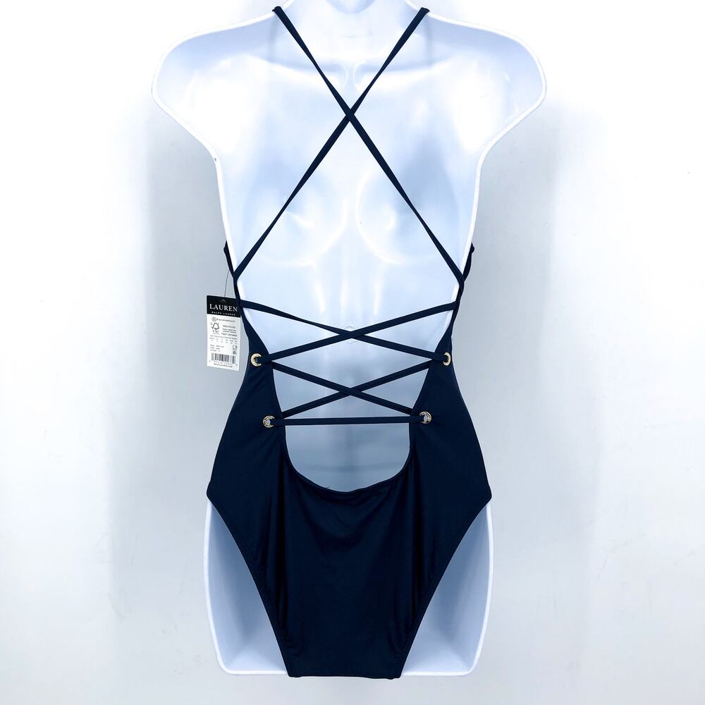 LAUREN RALPH LAUREN Strappy Plunge One-Piece Size 12 Blue Dark Navy Vneck NWT - Picture 5 of 11